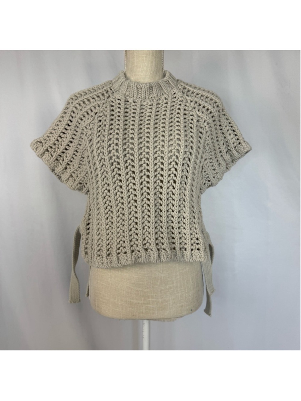 Zara Chunky Knit Beige Sweater Side Ties Short Sleeve Women’s Medium Boho